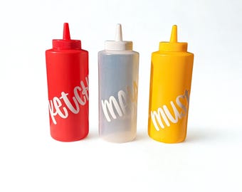 Ketchup Mustard Mayo Bottle Set | Labeled Squeeze Bottles for RV Fridge | Compact Condiment Storage