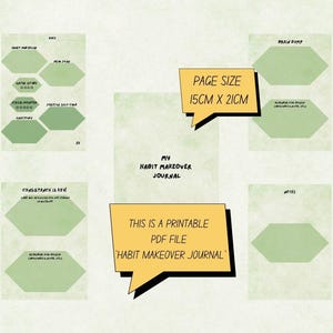 Op de afbeelding: Een afdrukbaar PDF-bestand van een gewoonte-makeover-dagboek. De pagina's van het dagboek zijn lichtgroen met zeshoekige vakken voor notities en prompts. De pagina's zijn 15 cm x 21 cm groot. Het dagboek heet "My Habit Makeover Journal".