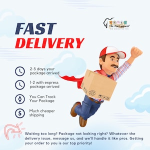 May include: An image promoting fast delivery services. A cartoon delivery person in a red and white cap and cape flies with a package. Text includes "FAST DELIVERY", delivery timeframes, tracking, and cheaper shipping.