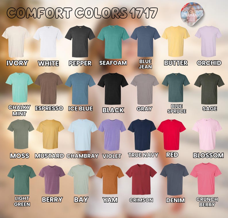 Może przedstawiać: Kolekcja koszulek Comfort Colors 1717 w r&oacute;żnych kolorach, w tym kość słoniowa, biały, pieprz, morska piana, niebieskie dżinsy, masło, orchidea, kredowa mięta, espresso, lodowy błękit, czarny, szary, niebieska świerk, szałwia, mech, musztarda, chambray, fioletowy, granatowy, czerwony, kwiat, jasnozielony, jagoda, zatoka, pochrzyn, karmazynowy, dżins i chrupiąca jagoda.