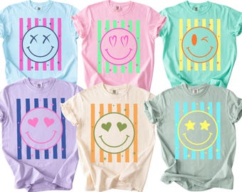 Neon Summer Smiley Face Striped Comfort Colors Shirt, Neon Trendy Summer Shirt, Summer shirt, Beach Lover Tee, Summer Vibes Tee