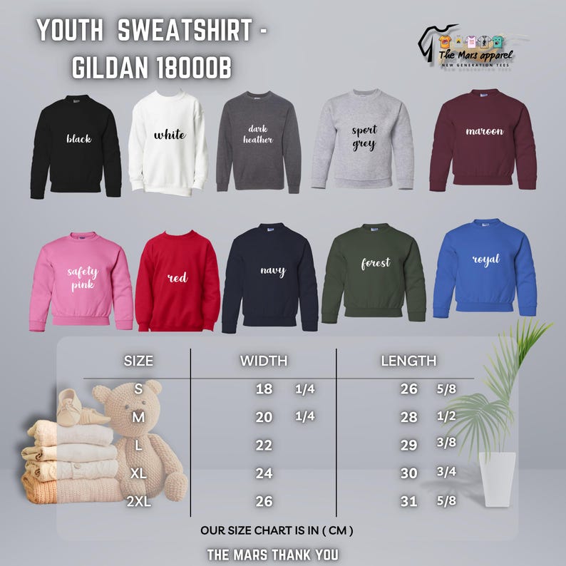 May include: A selection of youth sweatshirts in colours such as black, white, and navy. Each sweatshirt has a colour name printed on it. A size chart in centimetres is included, detailing width and length measurements.