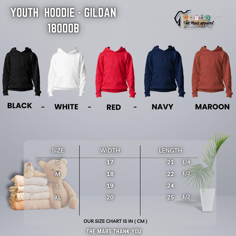 May include: Image of Gildan 18000B youth hoodies in black, white, red, navy, and maroon. A size chart in centimetres is included, detailing width and length measurements. The Mars Apparel logo is also visible.