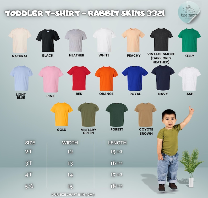 May include: A selection of toddler t-shirts in colours such as black, white, and pink. The image includes a size chart with measurements in centimetres. A young child is wearing a green t-shirt and blue jeans.
