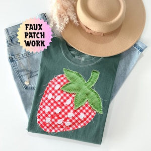 Faux Quilted Patchwork Strawberry Comfort Colors Shirt, Vintage Quilt Strawberry, Strawberry Floral Graphic Tee