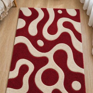 Hand Tufted Abstract Red Cream Wavy Rug, Plush Living Room Carpet