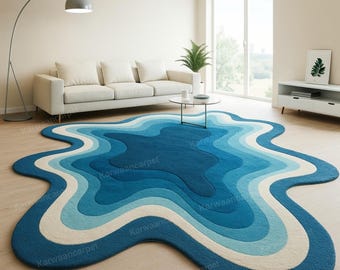 Hand Tufted Wool Rug, Blue Abstract Wavy Irregular Shape Carpet