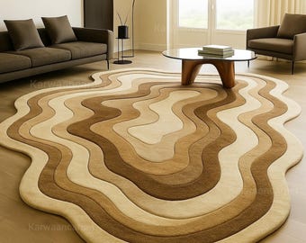 Handgemaakt onregelmatig wollen vloerkleed modern abstract golvend beige bruin desinger woonkamertapijt