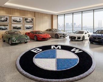 BMW Logo Rug, Handmade Tufted Wool Rug, Luxury Garage Rug, Round Car Logo Carpet, BMW Enthusiast Decor, Automotive Area Rug
