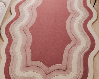 Pink Hand Tufted Wool Rug, Wavy Irregular Abstract Scandinavian Carpet