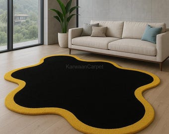 Black and Gold Irregular Rug: Hand-Tufted Wool, Mid-Century Modern carpets