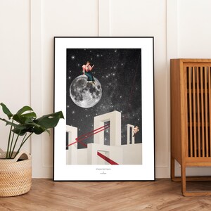 Grafica spaziale unica, poster della Luna, stampa in stile vintage. Collage con tecniche miste. Arte d'interni. Surreale.