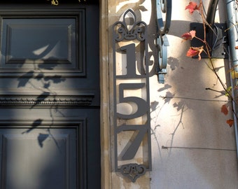 Puede incluir: Placa de número de casa de metal negro con detalles ornamentados y el número 157. La placa está montada en una pared de color beige claro.