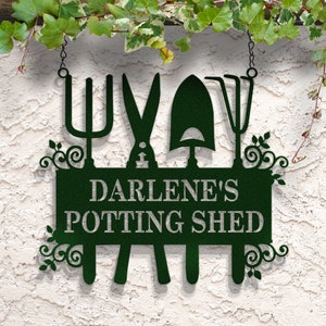 Personalized Potting Shed Sign: Hanging Metal Garden Tool Decor