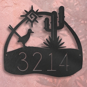 Custom Metal Outdoor Address Plaque, Southwestern Bird and Cactus House Sign