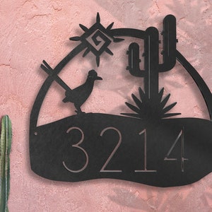 Custom Metal Outdoor Address Plaque, Southwestern Bird and Cactus House Sign