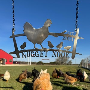 Metal Hanging Chicken Signs, Chicken and Chicks Personalized Sign