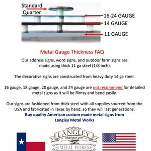 May include: A diagram comparing the thickness of different metal gauges used for making signs. The diagram shows a standard US quarter coin next to metal sheets of varying thicknesses. The text reads: "Standard Quarter", "16-24 Gauge", "14 Gauge", "11 Gauge". The text below the diagram reads: "Metal Gauge Thickness FAQ", "Our address signs, word signs, and outdoor farm signs are made using thick 11 ga steel (1/8 inch).", "The decorative signs are constructed from heavy duty 14 ga steel.", "16 gauge, 18 gauge, 20 gauge, and 24 gauge are not recommend for detailed metal signs as it will be flimsy and bend easily.", "Our signs are fashioned from thick steel with all supplies sourced from the USA and fabricated in Texas by hand, so they will last generations.", "Buy quality American custom made metal signs from Langley Metal Works". The bottom of the image shows a logo for Langley Metal Works, a Texas flag, and an American flag.