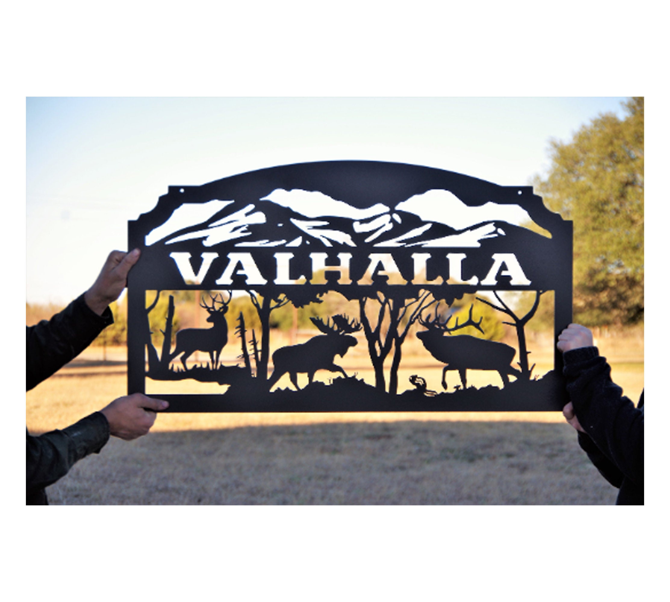 Custom Metal Moose Elk and Deer Sign With Mountains Sign