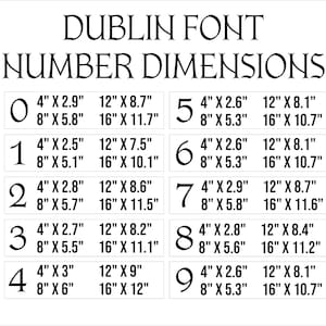 Pu&ograve; includere: Un grafico che mostra le dimensioni del font Dublin in pollici. Il grafico mostra le dimensioni di ogni numero da 0 a 9 in dimensioni di 4 pollici, 8 pollici, 12 pollici e 16 pollici.