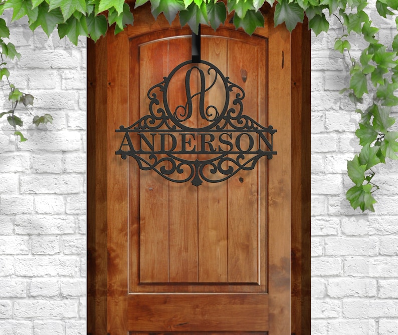 Custom Family Last Name Sign Metal Classy Scroll Door Sign image 1