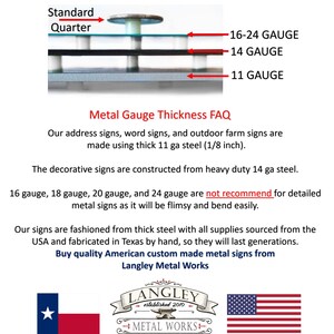 May include: A diagram comparing the thickness of different metal gauges used for making signs. The diagram shows a standard US quarter coin next to metal sheets of varying thicknesses. The text reads "16-24 Gauge", "14 Gauge", and "11 Gauge". The text below the diagram reads "Metal Gauge Thickness FAQ". The text below that reads "Our address signs, word signs, and outdoor farm signs are made using thick 11 ga steel (1/8 inch). The decorative signs are constructed from heavy duty 14 ga steel. 16 gauge, 18 gauge, 20 gauge, and 24 gauge are not recommend for detailed metal signs as it will be flimsy and bend easily. Our signs are fashioned from thick steel with all supplies sourced from the USA and fabricated in Texas by hand, so they will last generations. Buy quality American custom made metal signs from Langley Metal Works". The image also includes a logo for Langley Metal Works, a Texas flag, and an American flag.