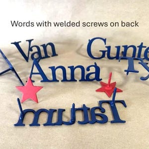 May include: Blue metal word cutouts with welded screws on the back, including the names "Van", "Anna", and "Gunter". Two red star-shaped accents are also present. The text "Words with welded screws on back" is at the top.