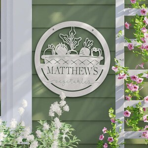May include: A metal garden sign with a basket of vegetables and the text "MATTHEW'S vegetables".