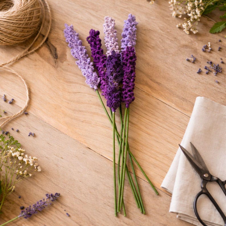 Op de afbeelding: Een bundel handgemaakte lavendeltakken in verschillende tinten paars, van licht lavendel tot diep violet. De stelen zijn groen en de bloemen zijn gerangschikt op een licht houten oppervlak. Een bol touw, een schaar en een linnen doek zijn ook aanwezig.