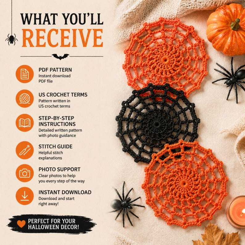 Halloween crochet coaster pattern showing everything included in the PDF download, including written instructions, US crochet terms, photo tutorial, stitch guide, and instant download.