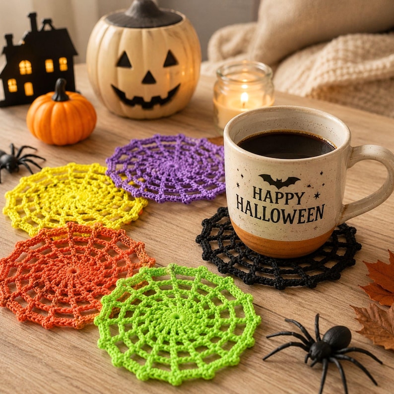 Cozy Halloween table featuring handmade spider web crochet coasters with cookies, donuts, hot chocolate, pumpkins, candles, and autumn decorations. Beginner-friendly Halloween crochet pattern PDF.