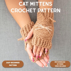 Cat Crochet Mittens Pattern, Cat Ear Fingerless Gloves, Kitten Mittens PDF, Easy Beginner Crochet Pattern, Cute Winter Hand Warmers