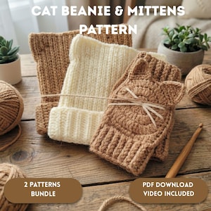 Cat Beanie & Mittens Crochet Pattern Bundle | Kitty Hat and Fingerless Gloves Set | Matching Winter Accessories | DIY Christmas Gift PDF