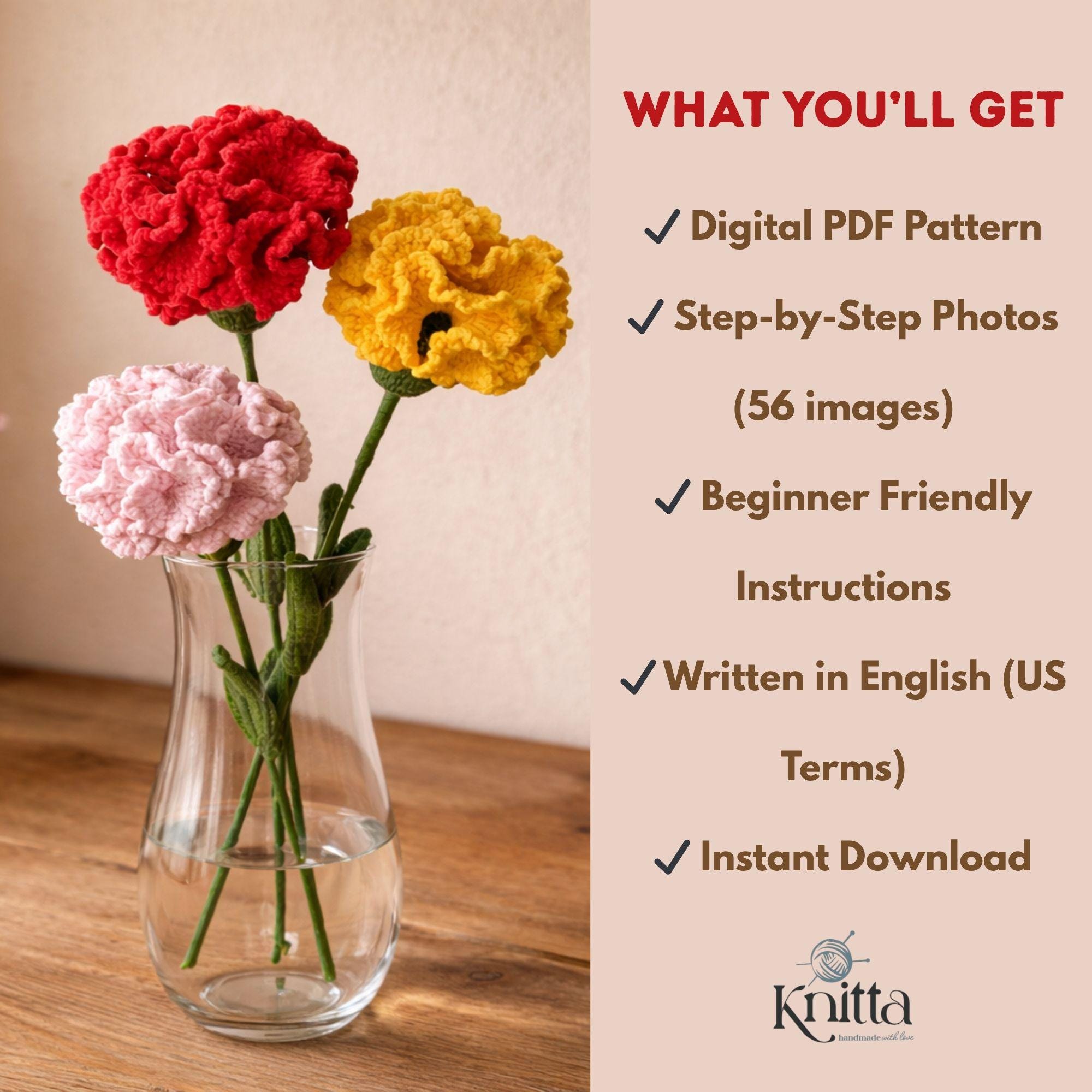 Handmade Carnation Pattern Carnation Crochet Pattern PDF, Flower Crochet Pattern, Beginner ...