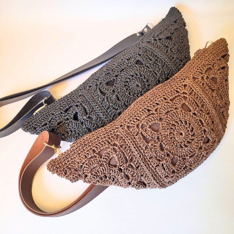 Modern boho granny square sling bag – trendy handmade accessory perfect for summer and festivals.