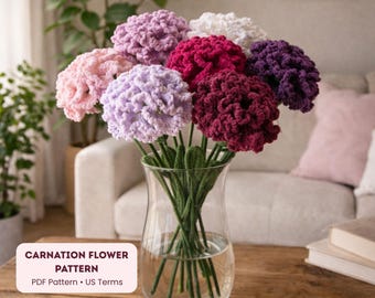 Anjerhaakpatroon pdf, haakpatroon bloemen, beginnersvriendelijk, stap voor stap foto's, doe-het-zelfboeketcadeau, Amerikaanse voorwaarden