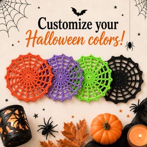 Spider web crochet coasters available in orange, purple, green, and black. Customize your Halloween colors with this beginner-friendly crochet coaster pattern PDF.