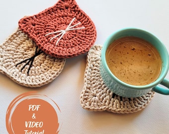 Patrón de posavasos de gatito a crochet en PDF – Posavasos de gato adorable, decoración kawaii a crochet para el hogar, tutorial de estilo amigurumi para principiantes, descarga instantánea.