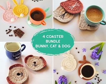 Cute Animal Crochet Coaster Pattern Bundle – Bunny, Cat & Dog Amigurumi Set, Easy Beginner Digital Mug Mat Pattern