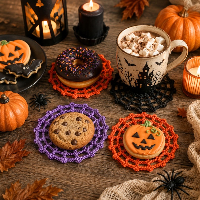 Cozy Halloween table featuring handmade spider web crochet coasters with cookies, donuts, hot chocolate, pumpkins, candles, and autumn decorations. Beginner-friendly Halloween crochet pattern PDF.