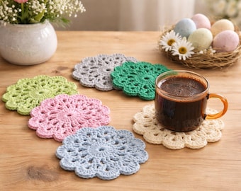 Patrón de posavasos de crochet / Alfombra de taza con flores de crochet PDF / Patrón de posavasos moderno fácil / Decoración de regalo hecha a mano