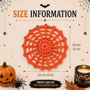 Halloween spider web crochet coaster measuring approximately 13 cm (5 inches) in diameter. Perfect size for coffee mugs, hot chocolate cups, and Halloween table decor.