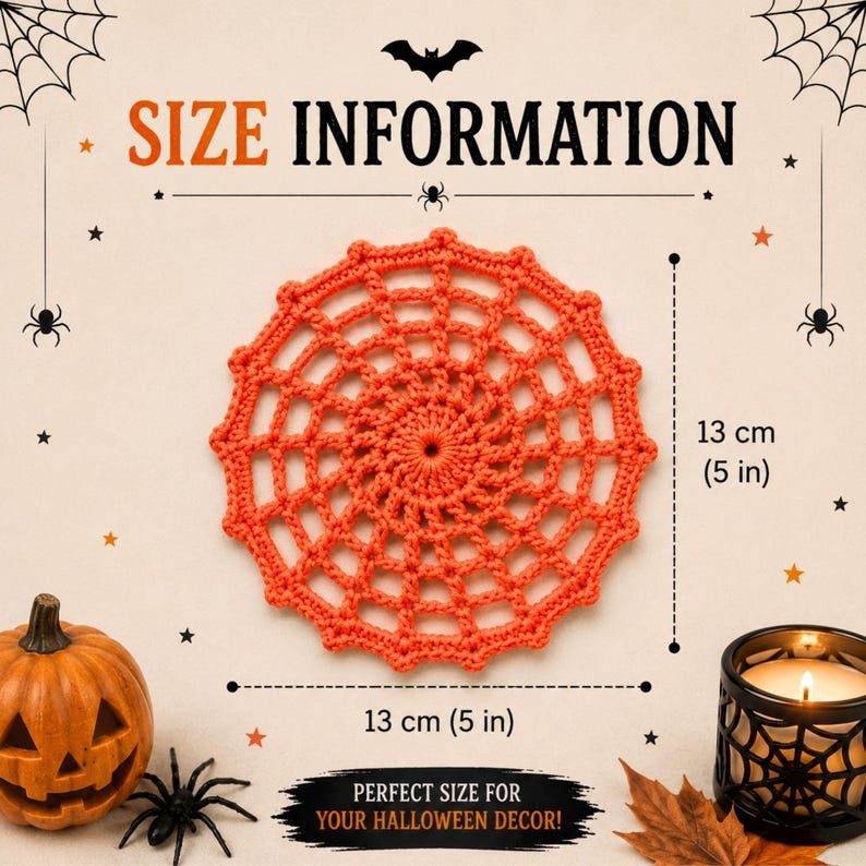 Halloween spider web crochet coaster measuring approximately 13 cm (5 inches) in diameter. Perfect size for coffee mugs, hot chocolate cups, and Halloween table decor.