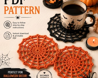 Halloween Spider Web Coaster Crochet Pattern PDF, Mug Rug Pattern, Halloween Crochet Decor, Beginner Friendly, Instant Download
