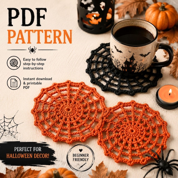 Halloween Spider Web Coaster Crochet Pattern PDF, Mug Rug Pattern, Halloween Crochet Decor, Beginner Friendly, Instant Download