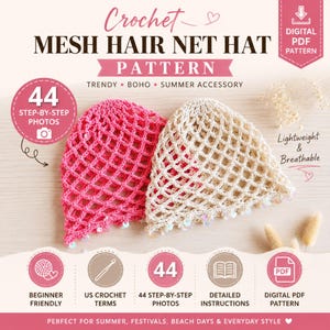 May include: A digital PDF crochet pattern for a mesh hair net hat. The image displays a bright pink and a cream-colored mesh hat, both featuring small iridescent sequins along the bottom edge. Text includes Crochet Mesh Hair Net Hat Pattern.