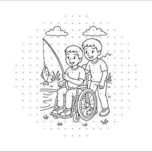Boy in Wheelchair Fishing with Friend