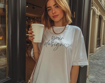 Gildan 64000 Mockup White Oversized T-Shirt Pinterest Aesthetic Mock Instagram Lifestyle Urban Street Style Model Shirt Blank PNG PSD Mockup
