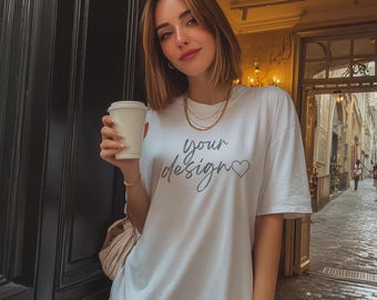 Gildan 64000 Mockup White Oversized T-Shirt Pinterest Aesthetic Mock Instagram Lifestyle Urban Street Style Model Shirt Blank PNG PSD Mockup