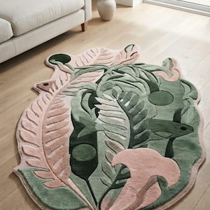Tropical Leaf Rug | Botanical Shaped Palm Leaf Rug | Green Pink Jungle Decor Rug | Tufted Wool Boho Entryway Statement Rug